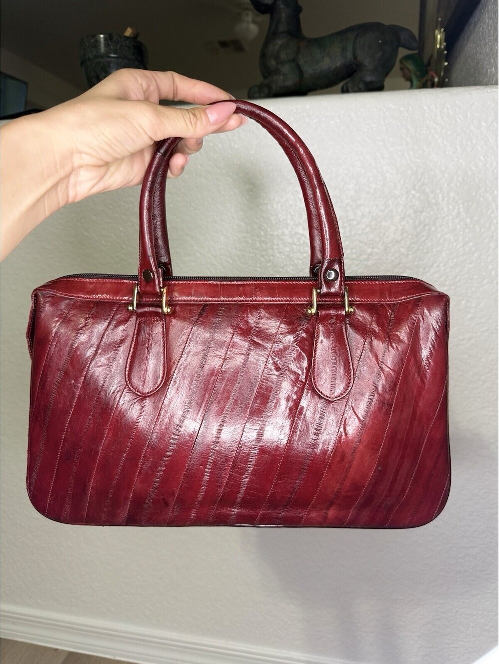 Vintage Korean Eel Skin Leather Handbag Burgundy Red Structured Purse